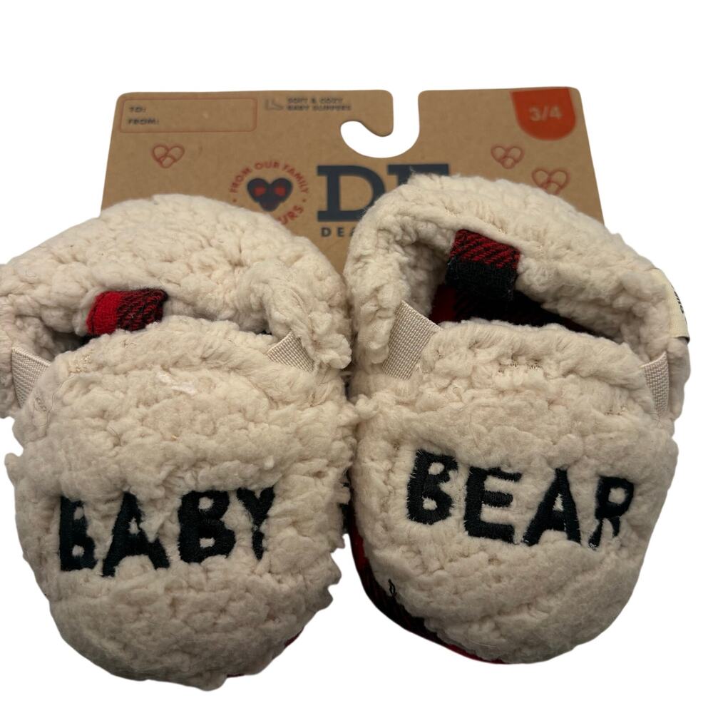Dearfoams Baby Sherpa Plush Slippers Ivory Buffalo Red Black Plaid NWT Gift Cozy